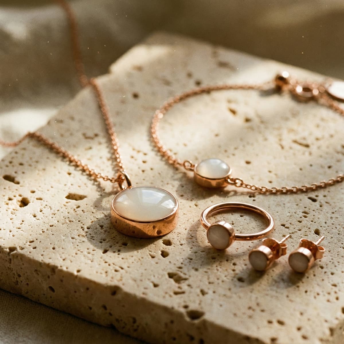 Gioielli ricordo in oro rosa con pietra lattiginosa—collana, bracciale, anello e orecchini—realizzati con un kit per fare gioielli con latte materno, fotografati su fondo chiaro in pietra naturale.