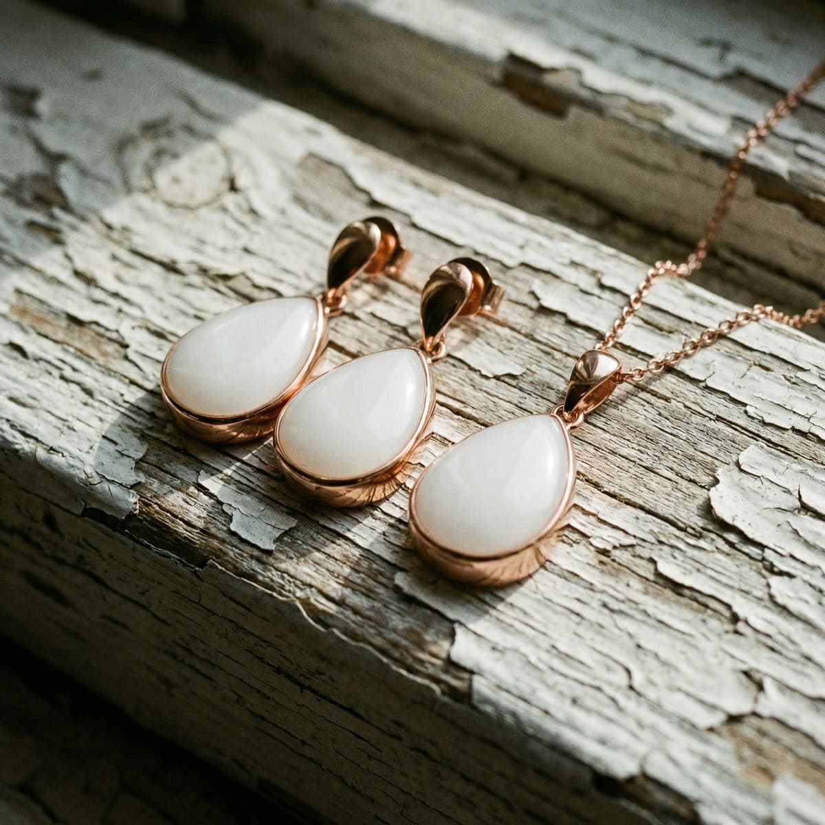 Set di gioielli a goccia con ciondolo e orecchini color latte in montatura oro rosa, realizzati con un kit per fare gioielli di latte su fondo in legno vintage screpolato.