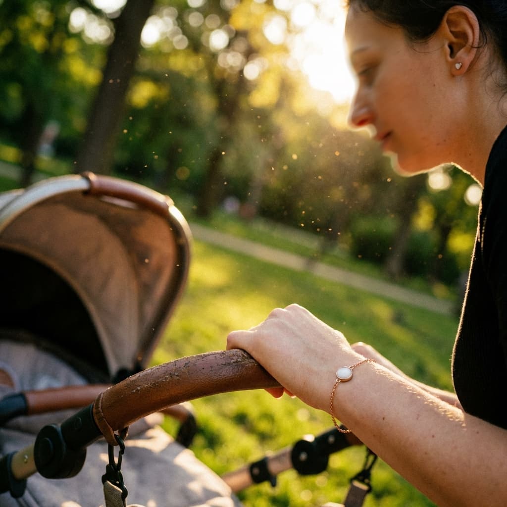 Donna che spinge un passeggino al tramonto in un parco, con luce calda e bracciale ricordo, ideale per chi usa un kit per fare gioielli di latte per creare un ciondolo personalizzato.