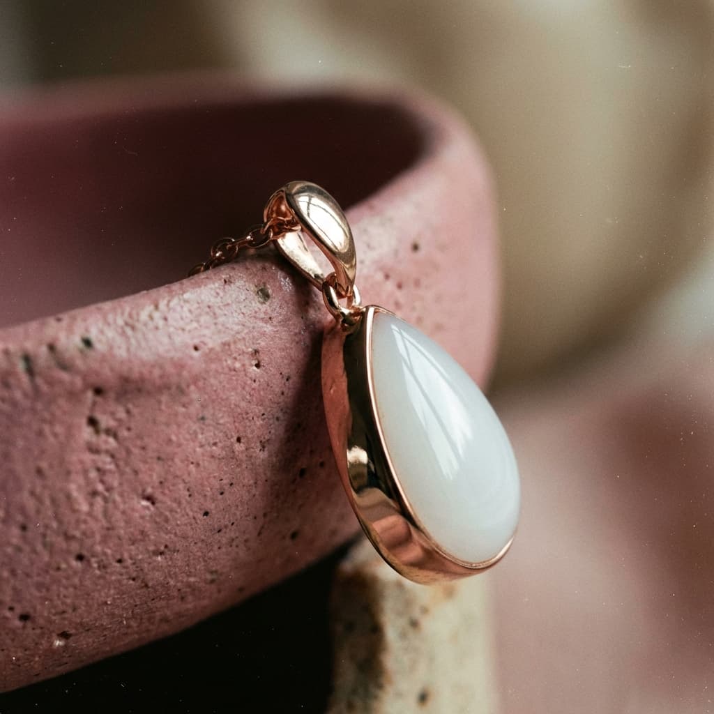Collana con ciondolo ovale in finitura oro rosa e inserto bianco effetto pietra, esempio di gioiello realizzato con kit resina latte materno, appoggiata su vaso in ceramica rosa.