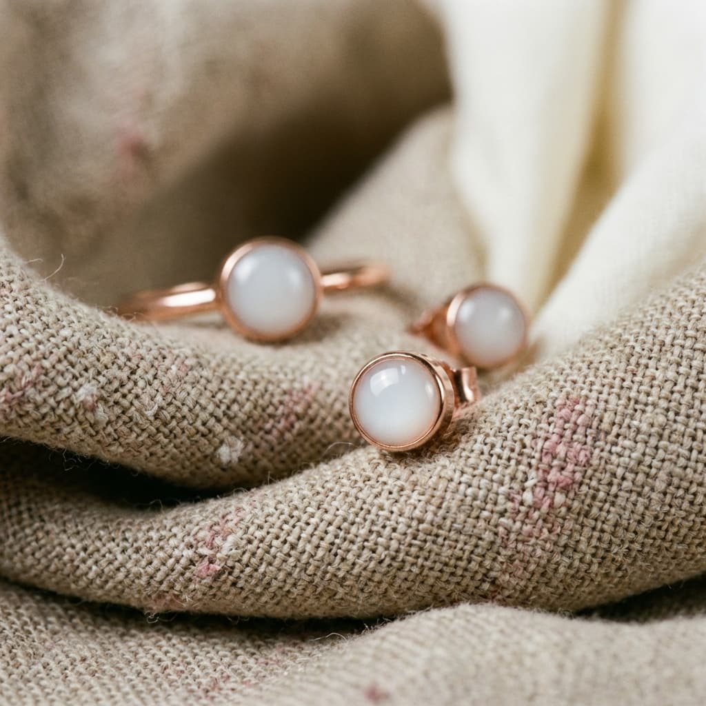 Anello e orecchini in finitura oro rosa con pietre lattiginose realizzate con kit resina latte materno, appoggiati su tessuto beige.