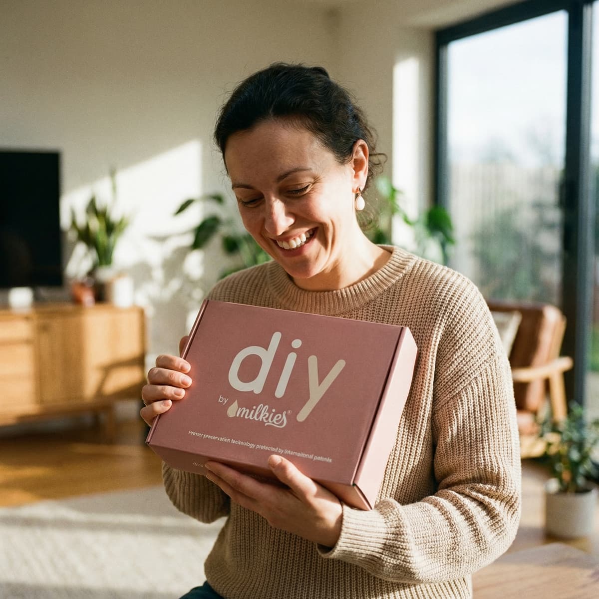 Mamma sorridente apre a casa il kit DIY by MILKIES, un’ottima idea per creare in modo semplice e riservato orecchini con latte materno e altri ricordi personalizzati.