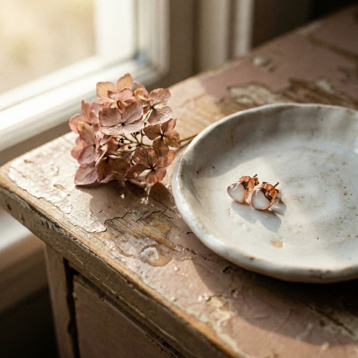 Orecchini a forma di cuore in montatura rosé realizzati come orecchini di latte materno fai da te, appoggiati su un piattino in ceramica accanto a fiori secchi su un tavolino vintage illuminato dalla luce della finestra.