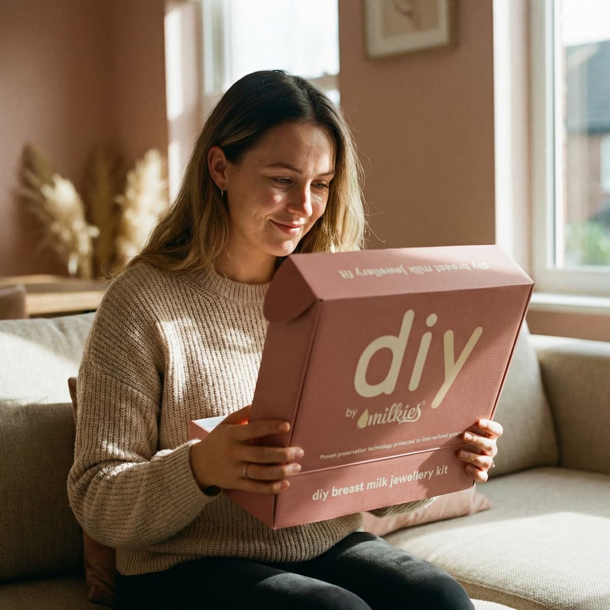 Donna seduta sul divano apre il kit DIY by MILKIES, un’idea regalo allattamento per creare a casa un gioiello ricordo con tecnologia di conservazione del latte materno.