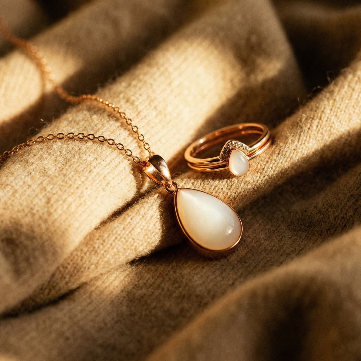 Collana e anello in oro rosa con ciondolo a goccia in resina bianco latte, ideale come regalo fine allattamento per mamma, fotografati su tessuto morbido in luce calda.