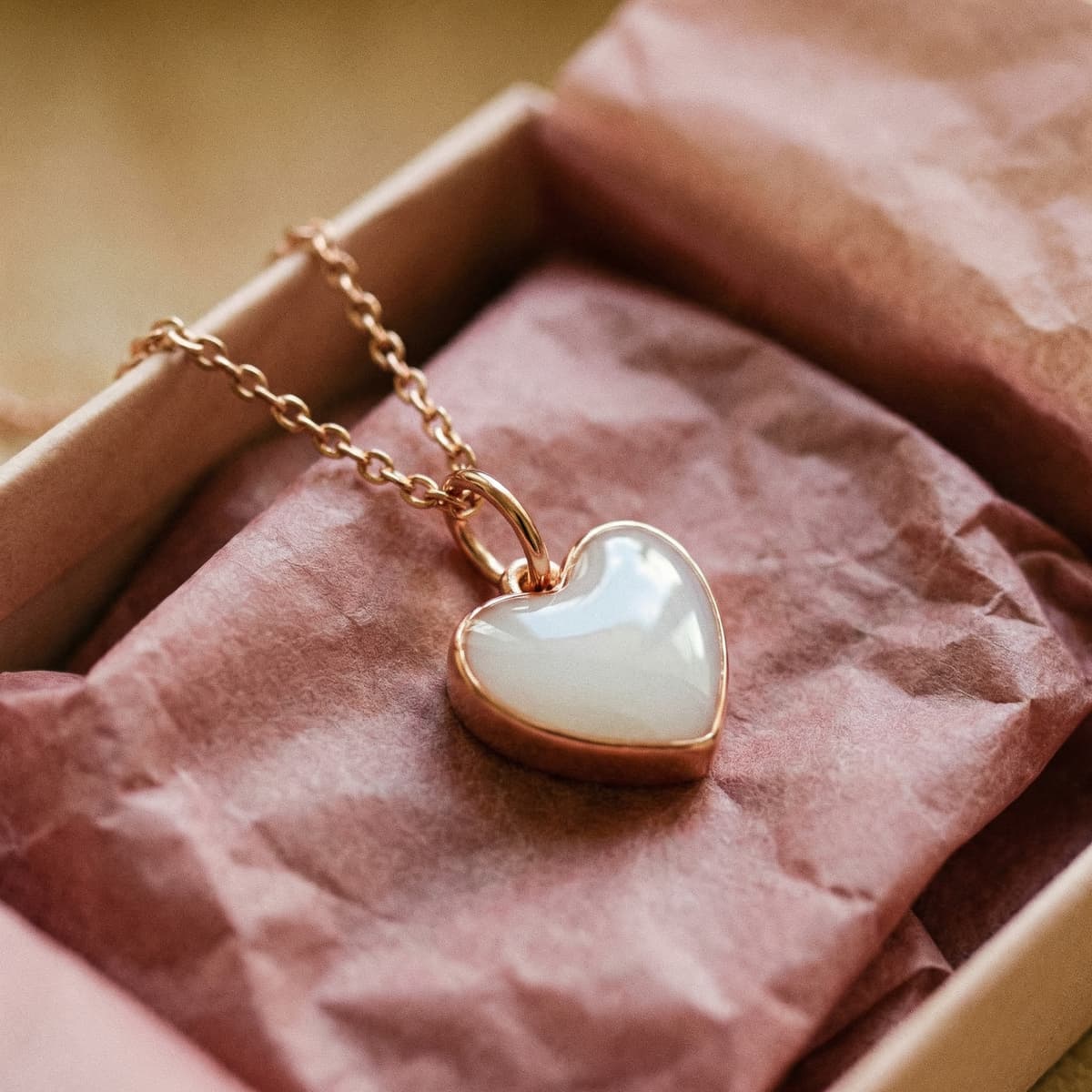 Collana con ciondolo a cuore in resina bianco latte con montatura oro rosa, confezionata in scatolina regalo, ideale come regalo mamma che allatta per conservare un ricordo speciale del latte materno.