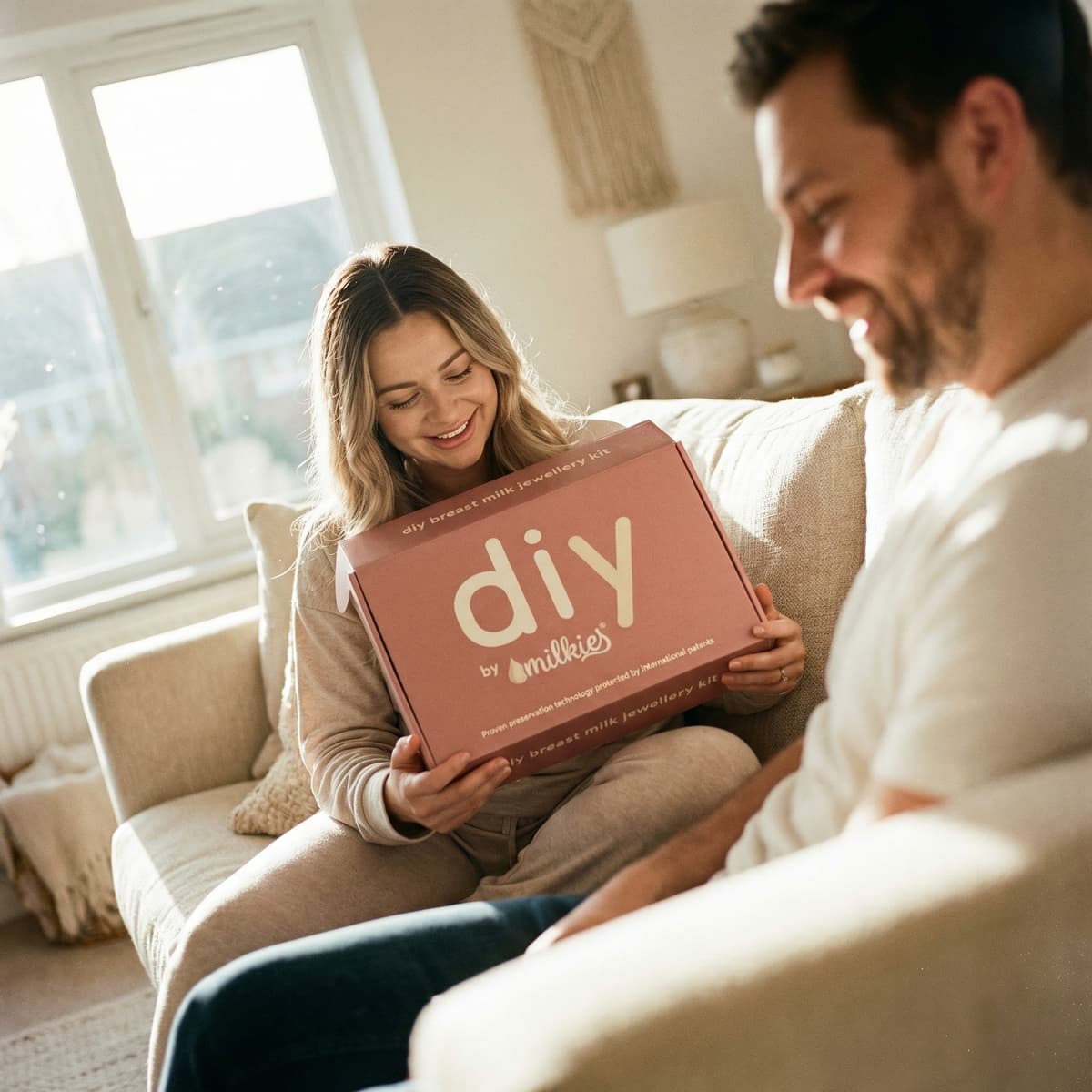 Donna sorridente sul divano che riceve un regalo neo mamma: kit DIY by MILKIES per creare a casa gioielli con latte materno, un’idea pratica e speciale per realizzare un ricordo in autonomia.
