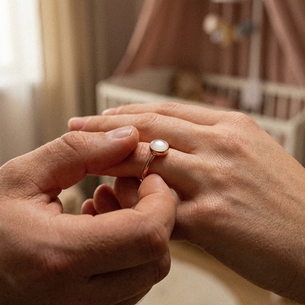 Mani che infilano un anello ricordo in oro rosa con pietra lattiginosa al dito, in un ambiente domestico caldo e intimo, ideale come regalo parto.