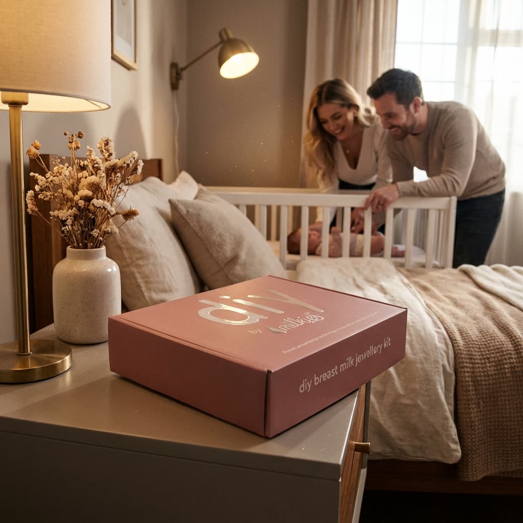 Kit DIY by MILKIES per gioielli al latte materno in scatola rosa su comodino in camera da letto, elegante idea regalo parto personalizzata, con genitori sorridenti accanto alla culla del neonato.
