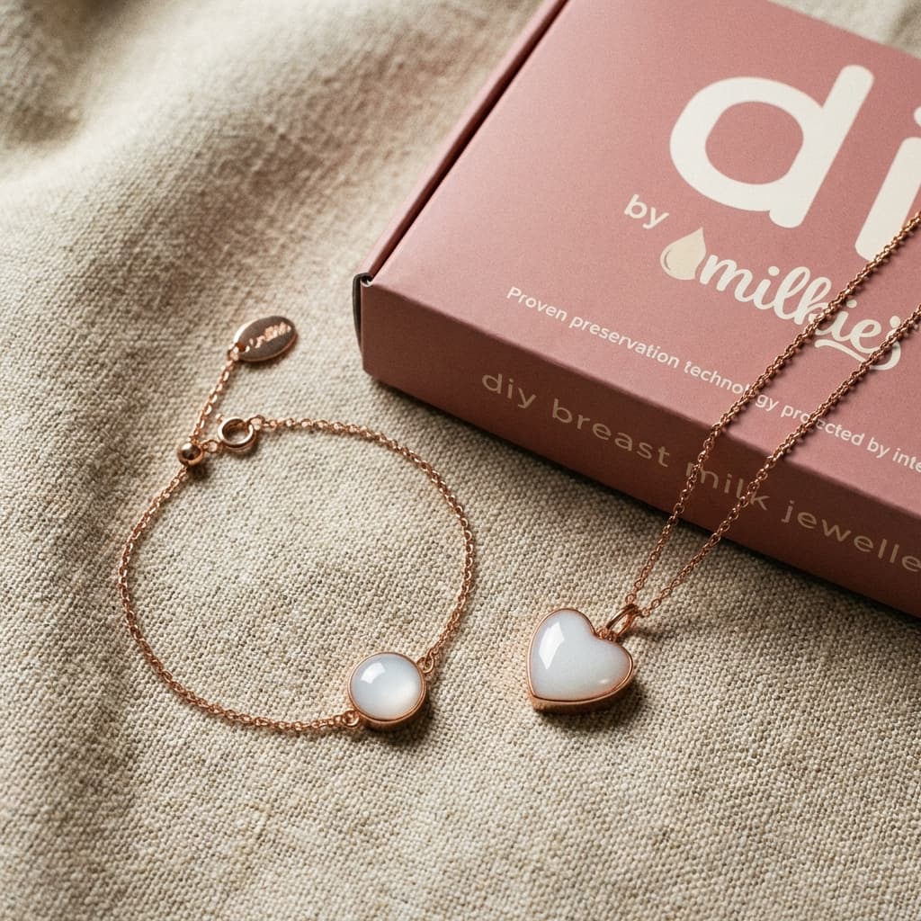 Kit DIY by MILKIES per creare un regalo parto: scatola rosa con tecnologia di preservazione e gioielli in oro rosa con pietra lattiginosa, bracciale e collana a cuore su tessuto beige.