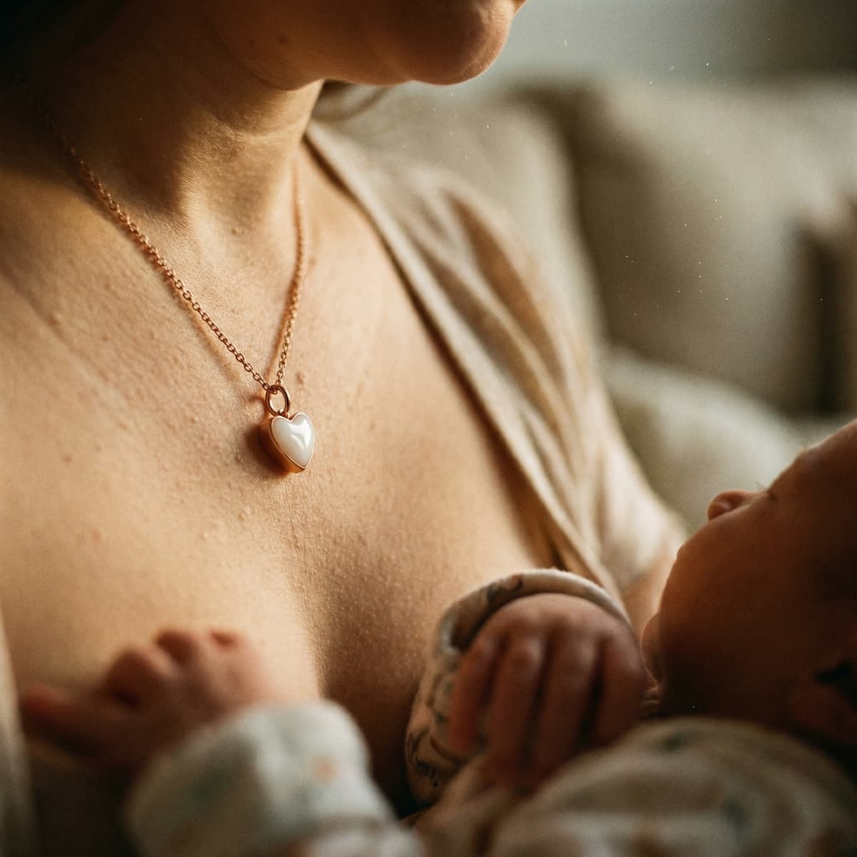 Mamma che allatta il neonato indossando una collana dorata con ciondolo a cuore bianco, in un’atmosfera intima e calda: idea regalo parto moglie.