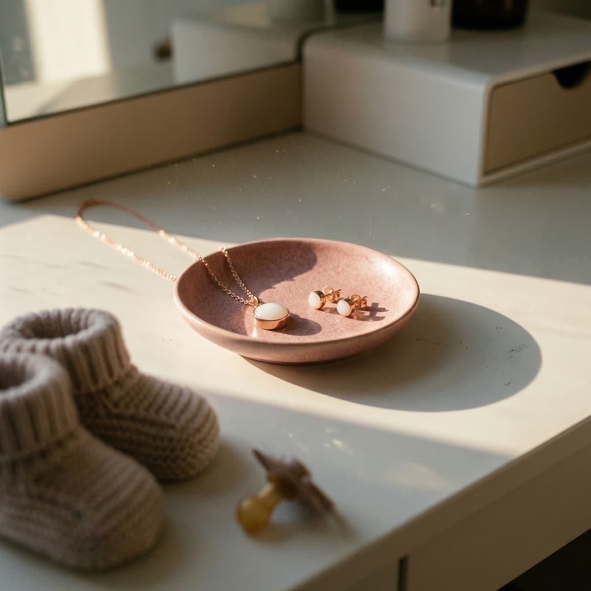 Collana e orecchini in tonalità oro rosa con pietre bianche su un piattino rosa, delicato ricordo allattamento accanto a scarpine in maglia e ciuccio su un comodino illuminato dal sole.