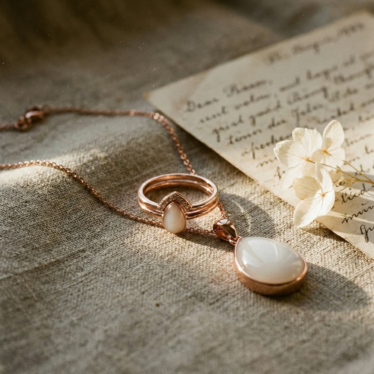 Collana e anello in oro rosa con pietra lattiginosa su tessuto naturale, ricordo allattamento accanto a lettera manoscritta e fiori bianchi