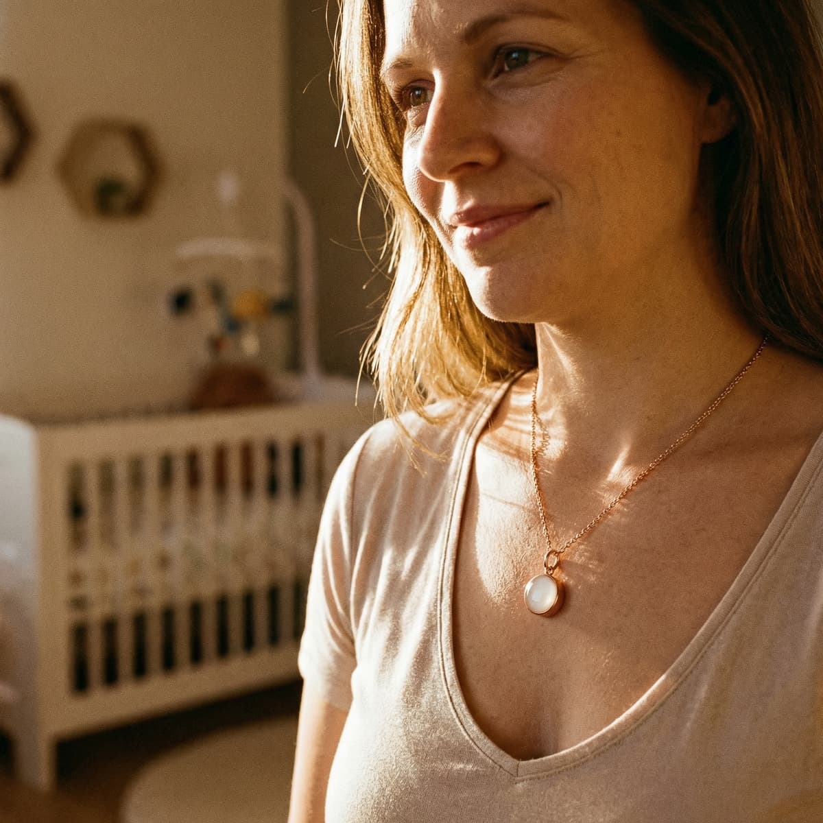 Mamma sorridente in casa con collana a ciondolo oro rosa e pietra lattiginosa, esempio di ricordo fine allattamento discreto da realizzare in autonomia con un kit fai‑da‑te per trasformare il latte materno in gioiello.
