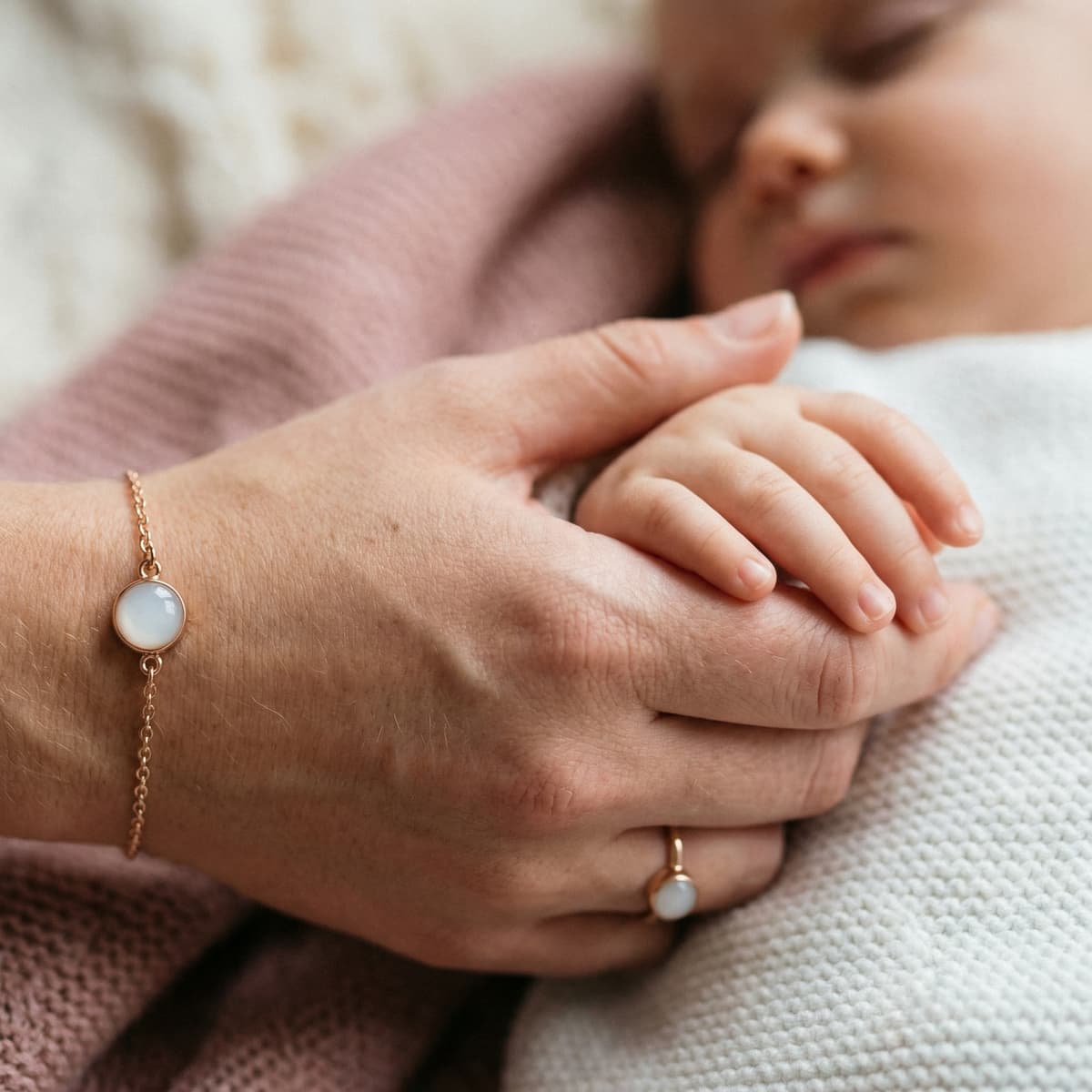 Mano di una mamma che stringe delicatamente la mano del neonato addormentato, indossando bracciale e anello in oro rosa con pietra lattiginosa come ricordo ultima poppata.
