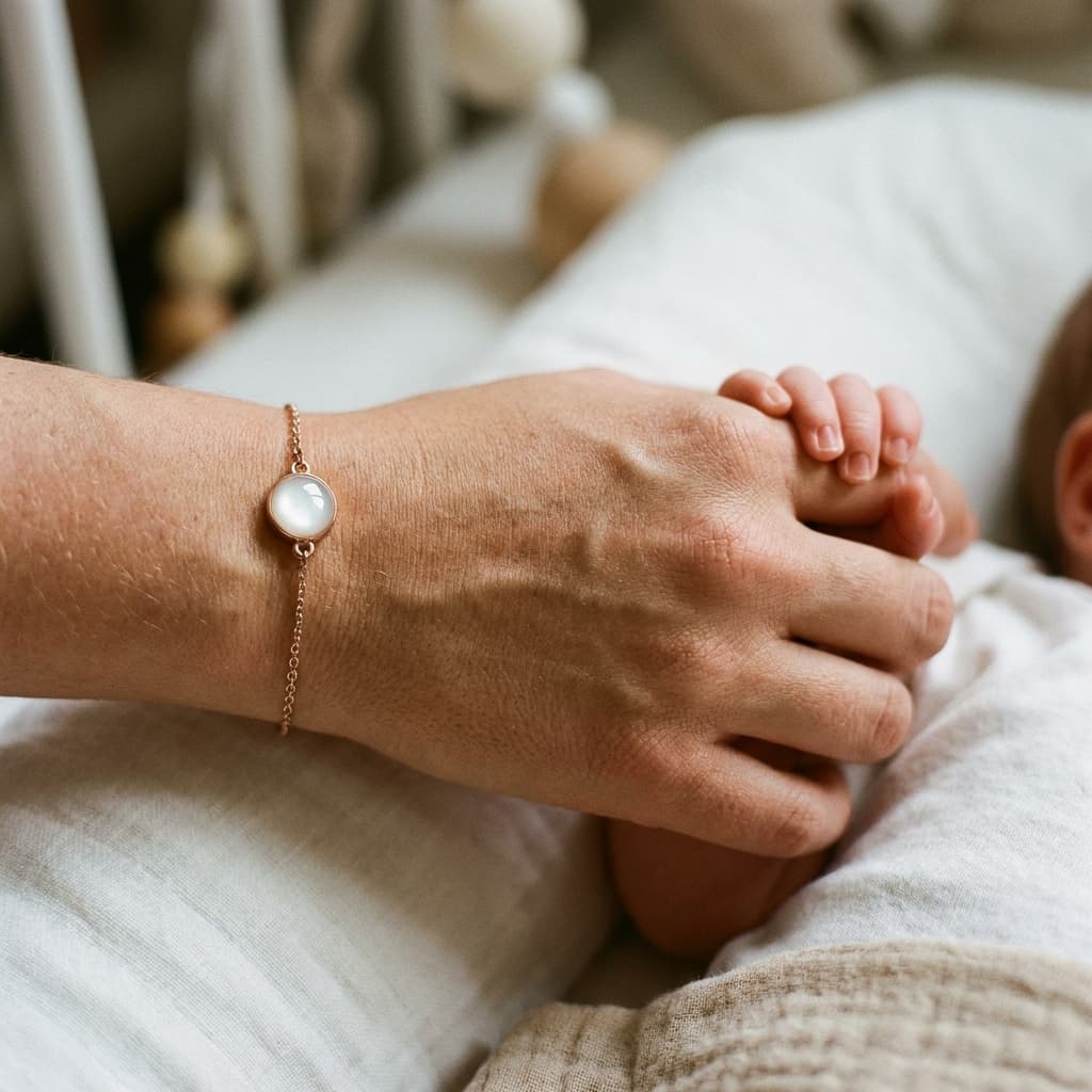 Mano di una mamma che tiene la mano del neonato, con un delicato bracciale con cabochon bianco realizzabile con un set creazione bracciale latte materno DIY by MILKIES.