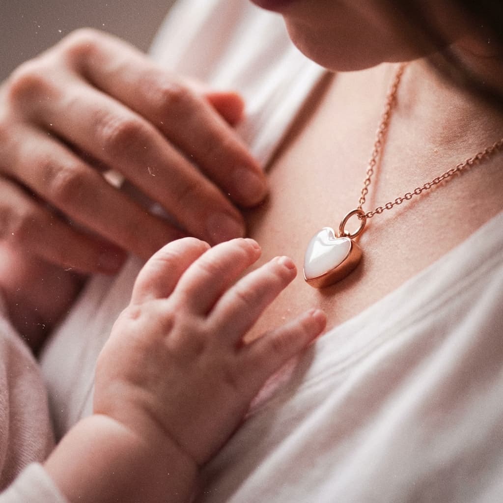 Mamma indossa una collana con ciondolo a cuore in resina bianca, creato con un set creazione ciondolo latte materno, mentre il neonato le appoggia la mano sul petto