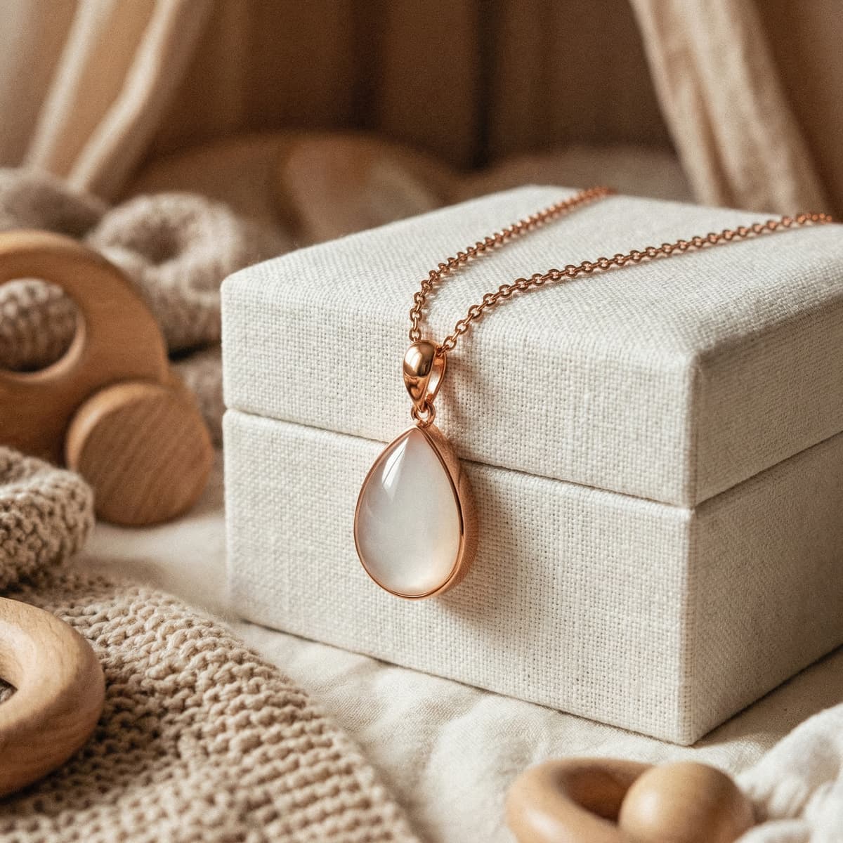 Collana con ciondolo a goccia in tonalità oro rosa con inserto lattiginoso, appoggiata su una scatola in tessuto: elegante risultato di un set creazione collana latte materno fai‑da‑te.