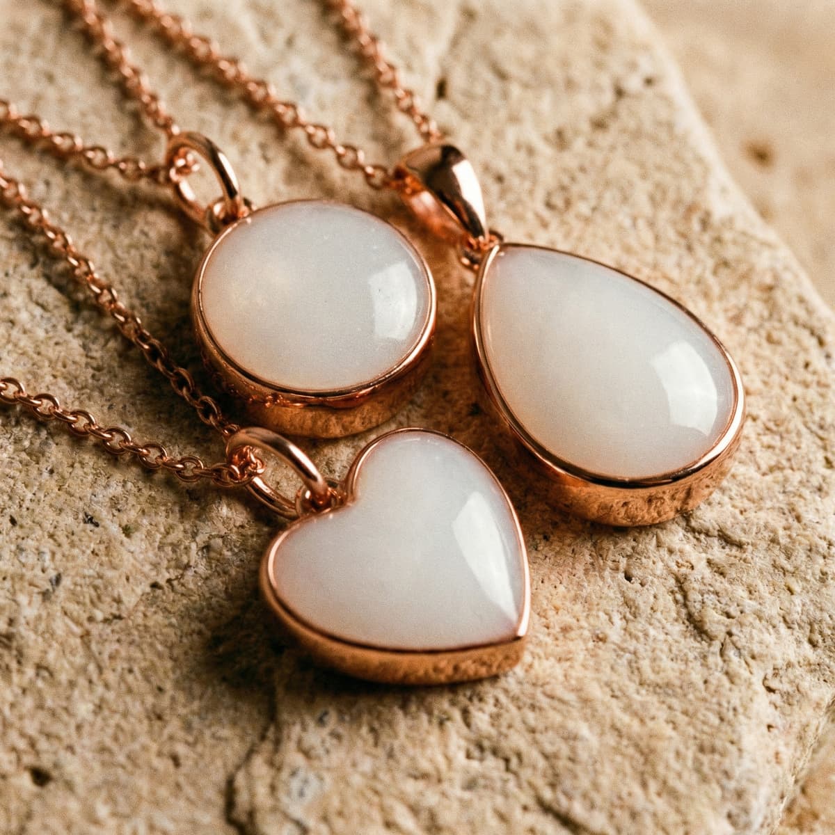 Tre ciondoli con catena color oro rosa (cuore, ovale e tondo) con inserto bianco latte su pietra, ideali per un set creazione collana latte materno fai da te.
