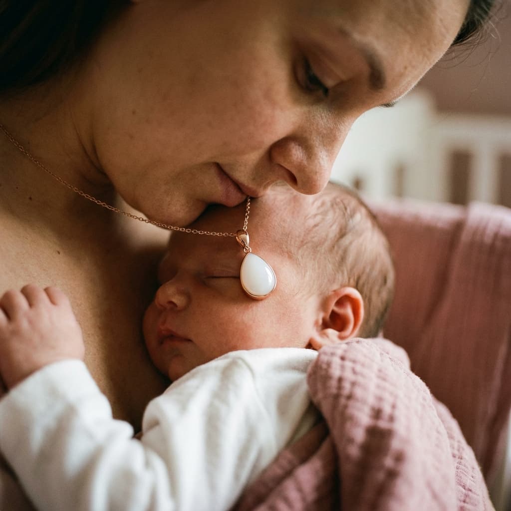 Mamma che coccola il neonato addormentato indossando una collana con ciondolo a goccia bianco, esempio di set creazione gioielli latte materno per conservare un ricordo prezioso dell’allattamento.