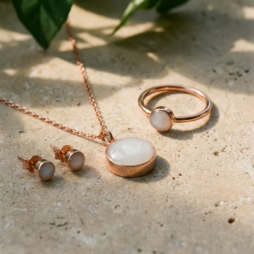 Collana, anello e orecchini in tonalità oro rosa con pietra bianca lattiginosa, esempio di set creazione gioielli latte materno fotografato su superficie in pietra alla luce naturale