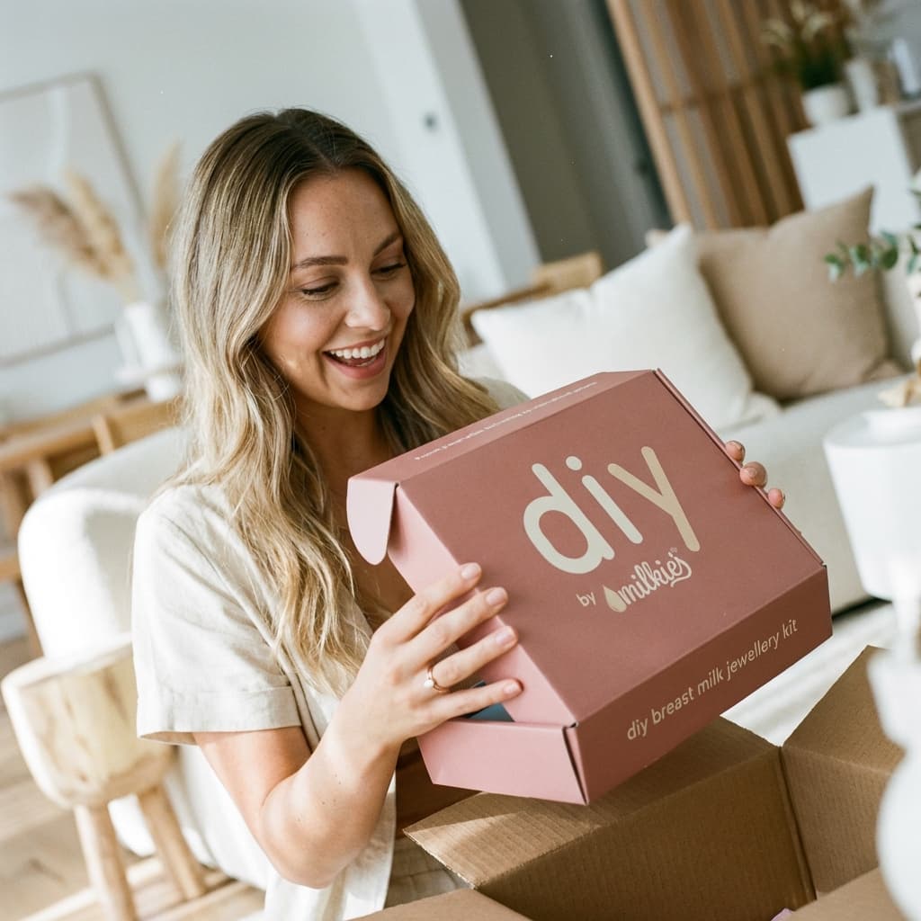 Donna sorridente apre a casa una scatola DIY by MILKIES con set creazione gioielli latte materno per realizzare facilmente e in privacy un ricordo prezioso fai-da-te.