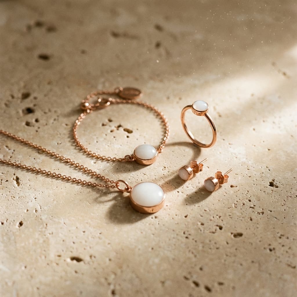 Set di gioielli in oro rosa con pietre bianche (collana, bracciale, anello e orecchini), esempio di set fai da te gioielli latte materno su superficie in pietra illuminata da luce naturale.