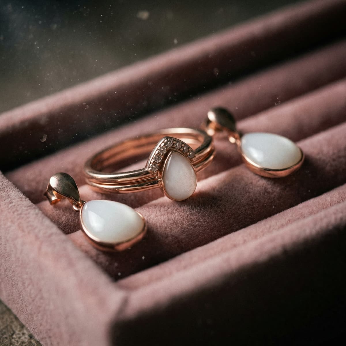 Anello e orecchini a goccia color oro rosa con pietra bianco latte in cofanetto vellutato, esempio di set per creare gioielli con latte materno fai-da-te.